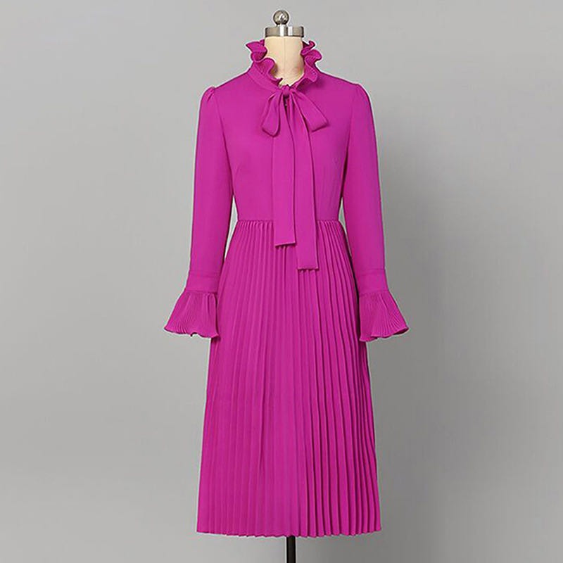 Full Flare Sleeve Flabella Neck Bowknot Ruffle Dress