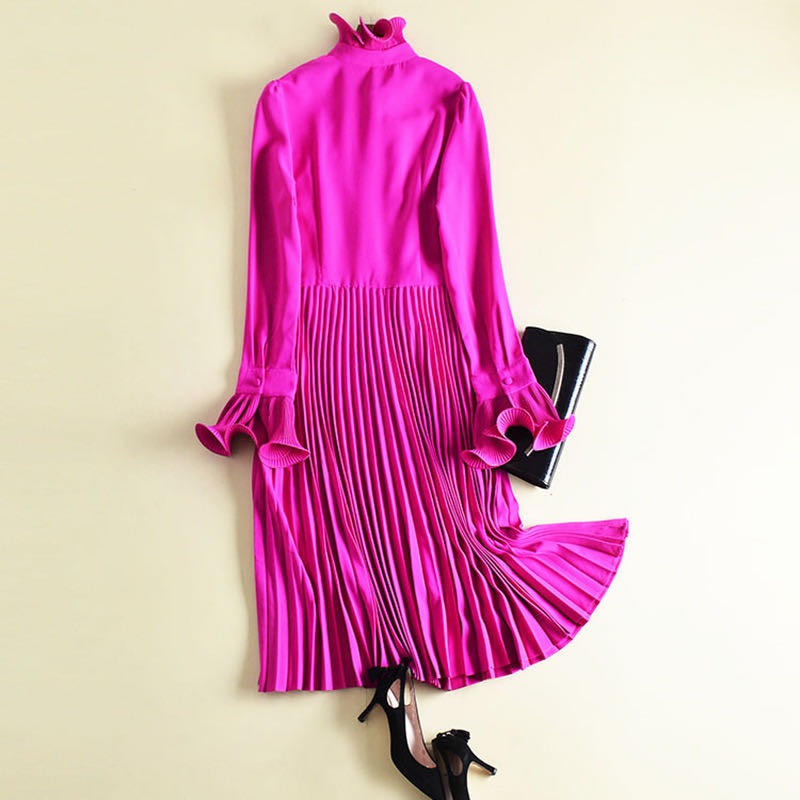 Full Flare Sleeve Flabella Neck Bowknot Ruffle Dress