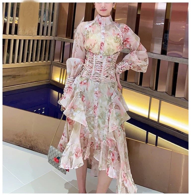 Floral Print Ball Gown Waist Vintage Dress