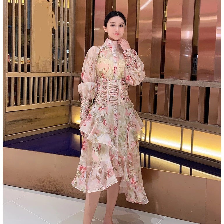 Floral Print Ball Gown Waist Vintage Dress