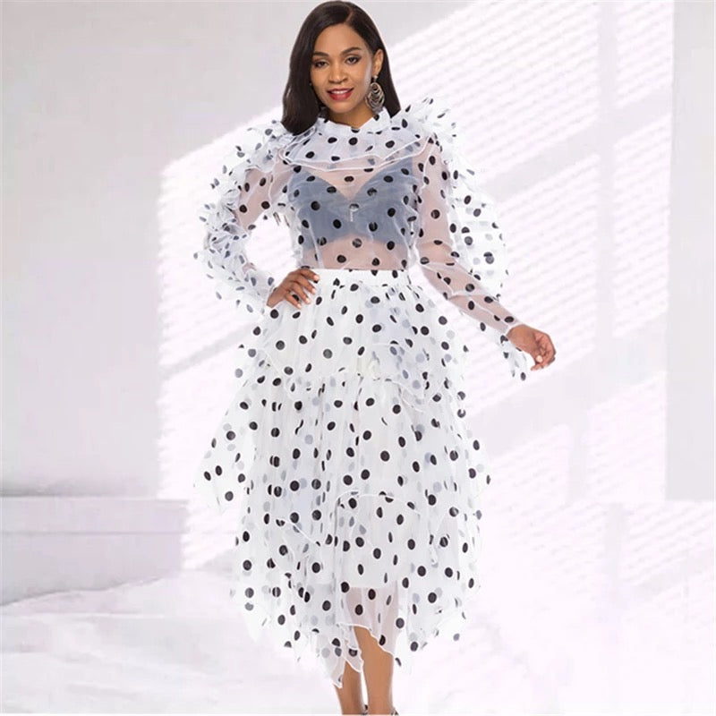 Polka Dot See-Thru Blouse-Skirt Set