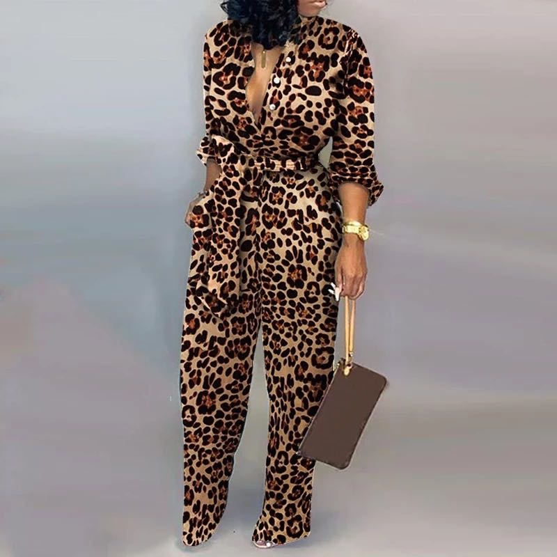 Leopard Tied Waist Long Sleeve Jumpsuit