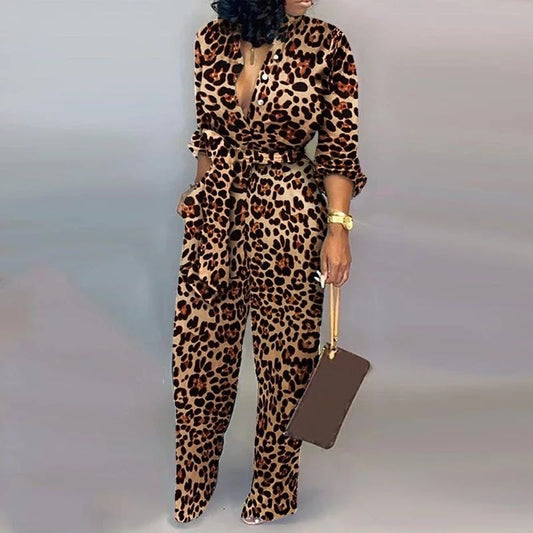 Leopard Tied Waist Long Sleeve Jumpsuit