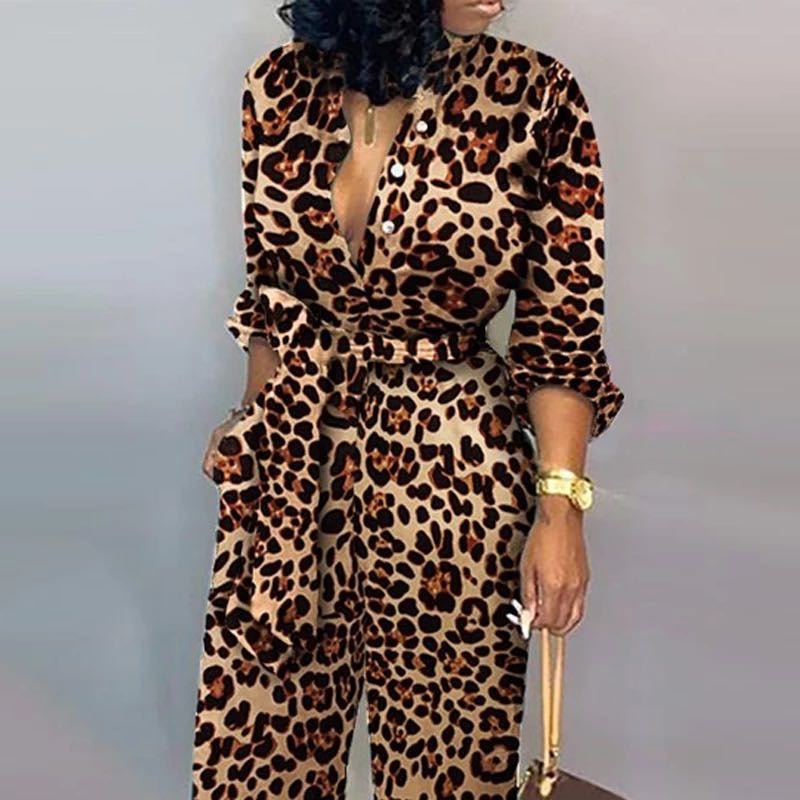 Leopard Tied Waist Long Sleeve Jumpsuit