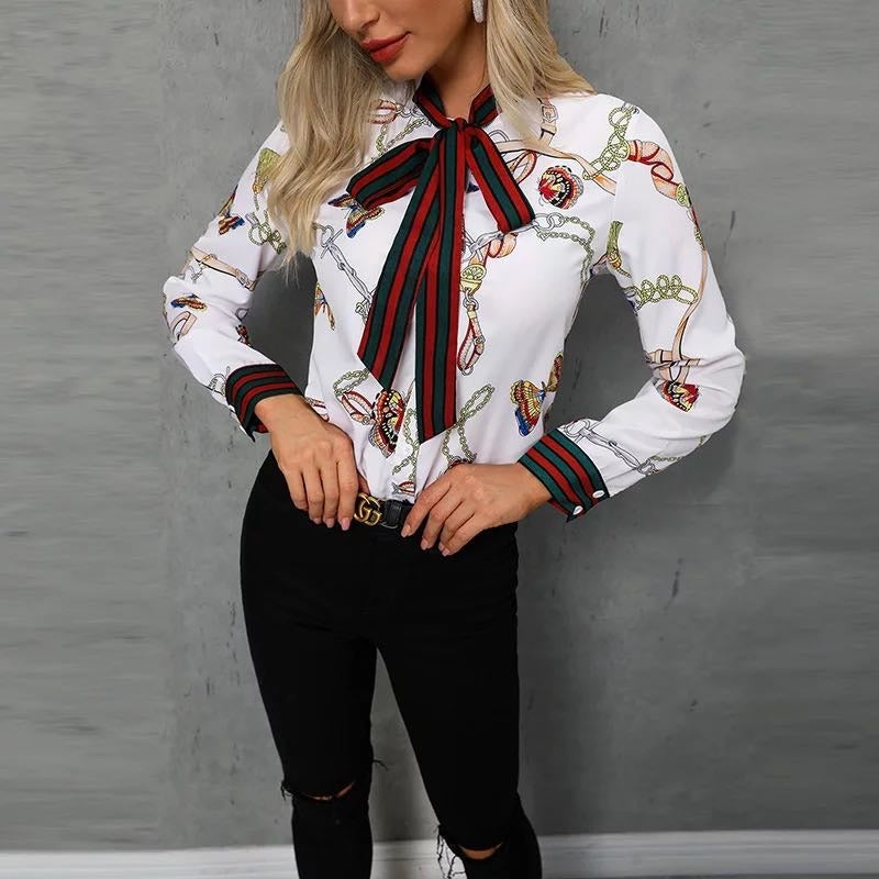 Chain Print Tied Neck Casual Blouse(Slim-Fit)