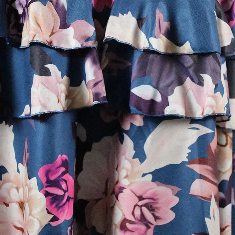 Floral Print Strap Top & Layered Ruffles Maxi Skirt Set
