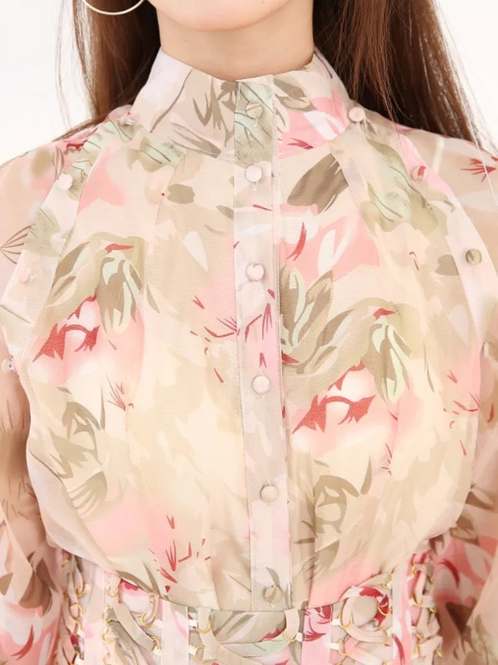 Floral Print Ball Gown Waist Vintage Dress