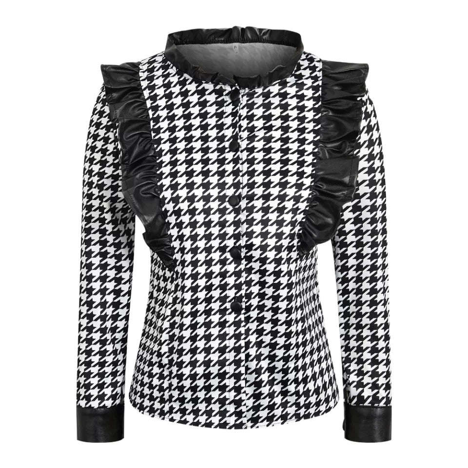 Houndstooth PU Ruffle Shirt