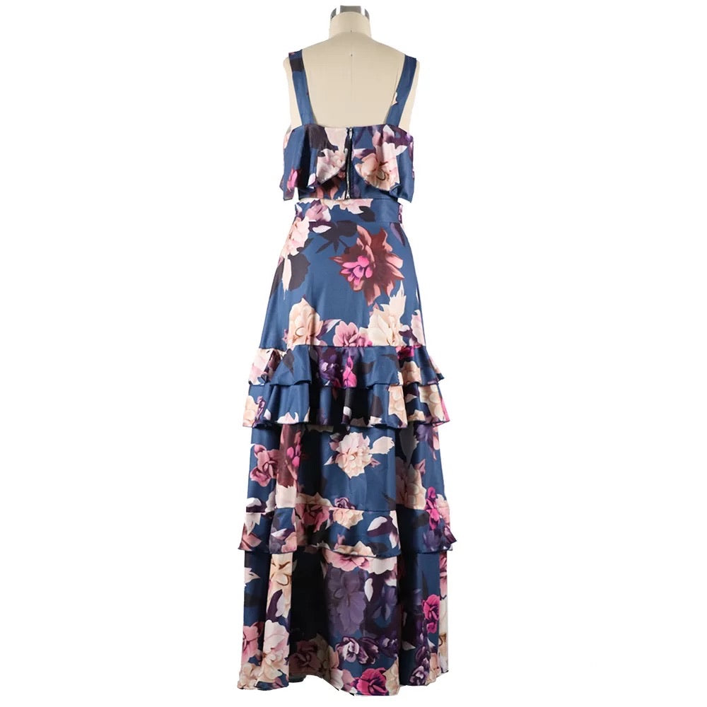Floral Print Strap Top & Layered Ruffles Maxi Skirt Set