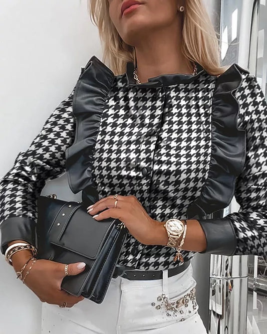 Houndstooth PU Ruffle Shirt