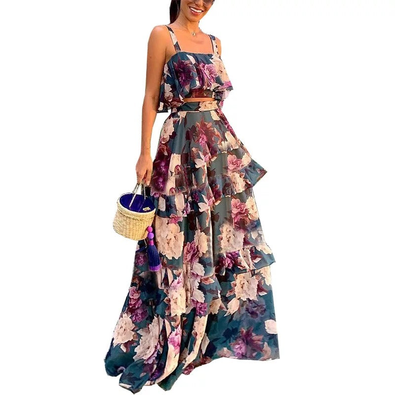 Floral Print Strap Top Layered Ruffles Maxi Skirt Set – B