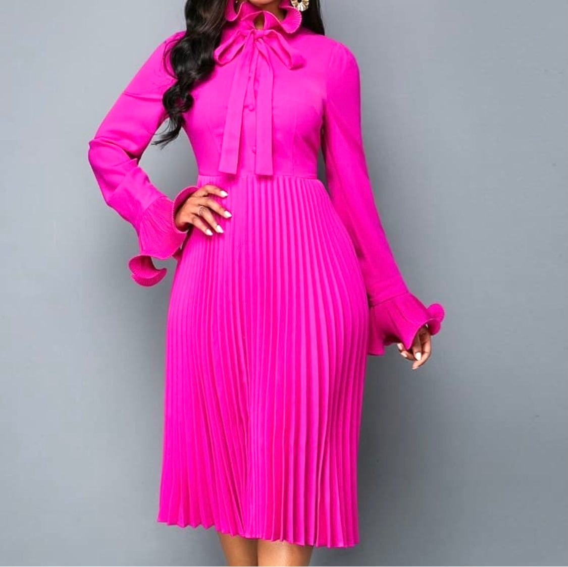 Full Flare Sleeve Flabella Neck Bowknot Ruffle Dress
