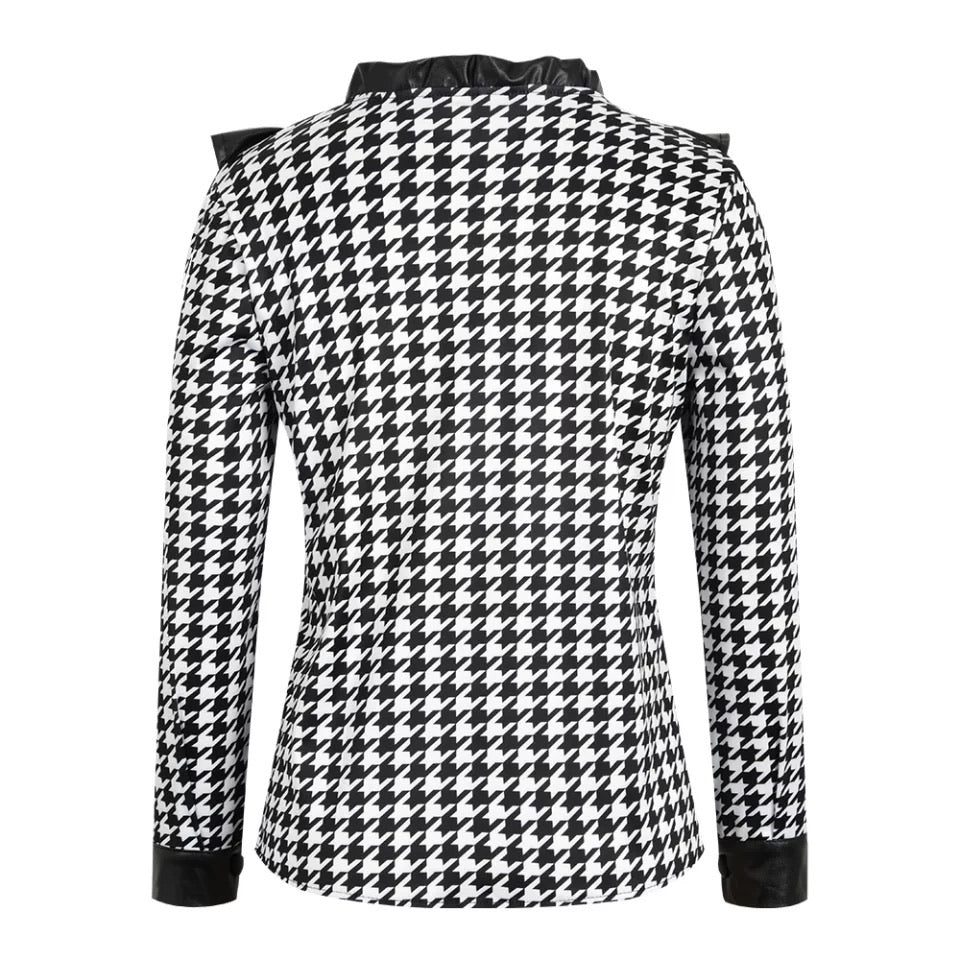 Houndstooth PU Ruffle Shirt