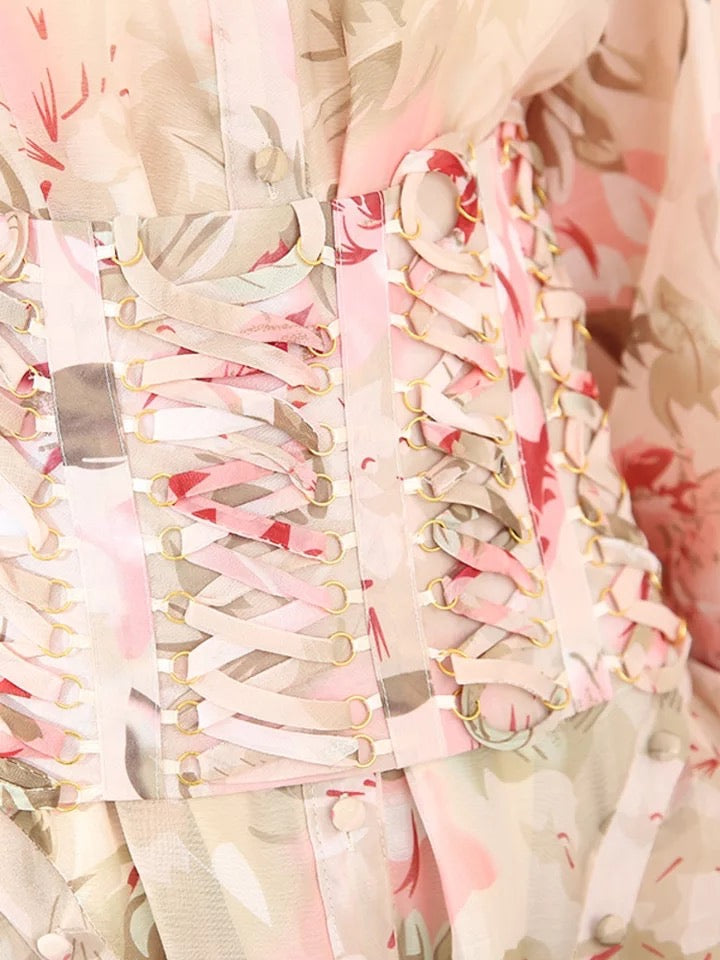 Floral Print Ball Gown Waist Vintage Dress