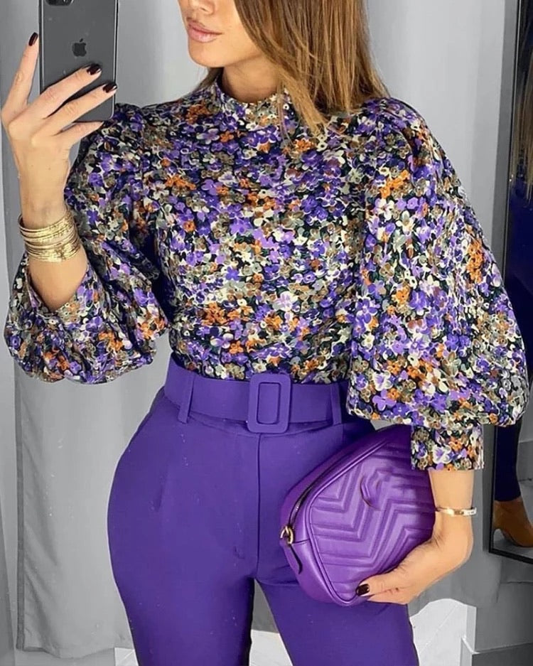 Floral Print Lantern Sleeve Blouse