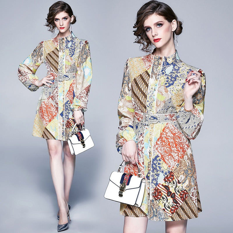 Vintage Print Stand Collar Dress