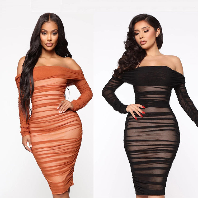 Off-Shoulder Pleated Bodycon Dress