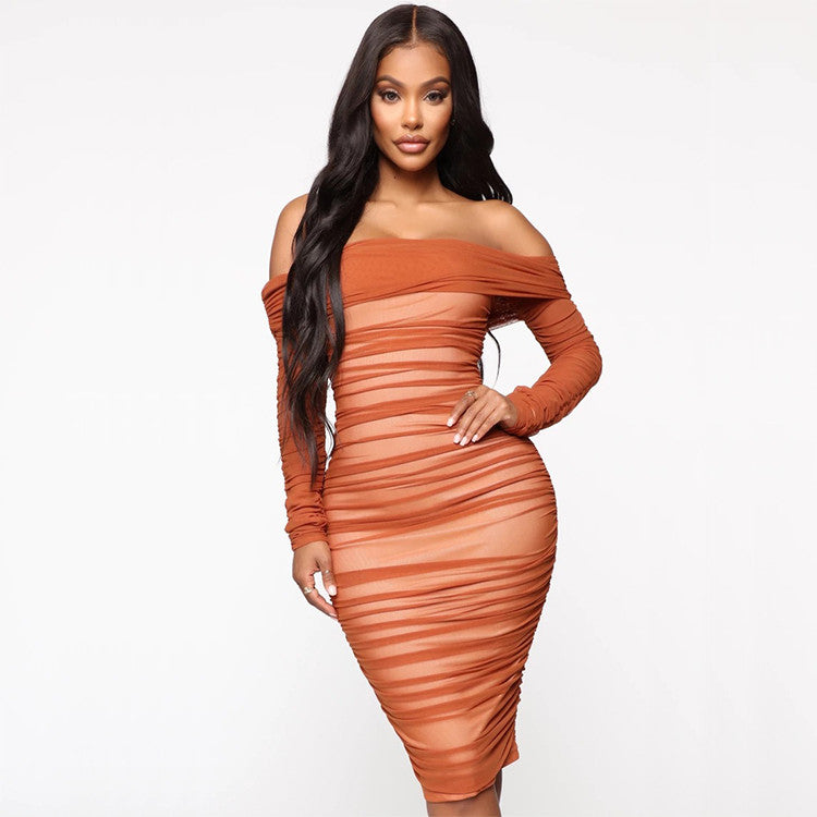 Off-Shoulder Pleated Bodycon Dress