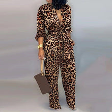 Cargar imagen en el visor de la galería, Leopard Tied Waist Long Sleeve Jumpsuit