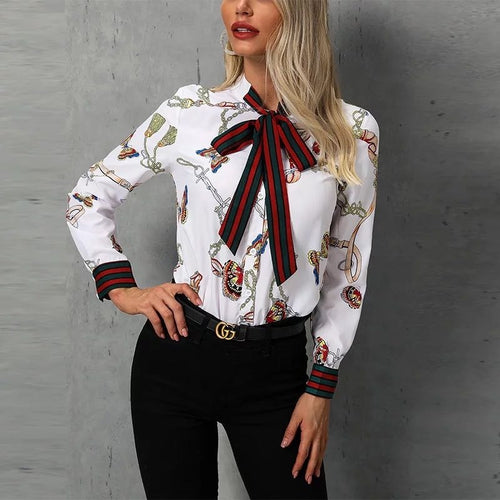 Chain Print Tied Neck Casual Blouse(Slim-Fit)