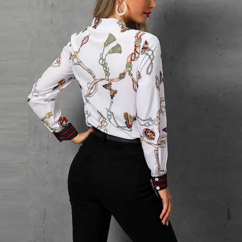 Chain Print Tied Neck Casual Blouse(Slim-Fit)