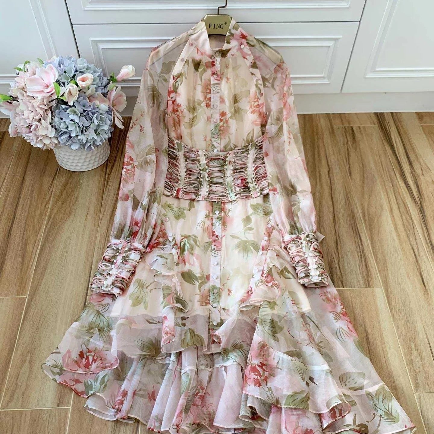 Floral Print Ball Gown Waist Vintage Dress