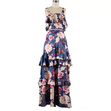 Cargar imagen en el visor de la galería, Floral Print Strap Top &amp; Layered Ruffles Maxi Skirt Set