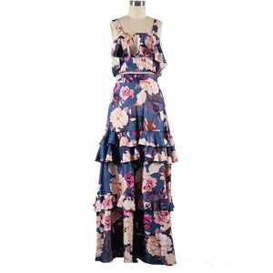 Floral Print Strap Top & Layered Ruffles Maxi Skirt Set